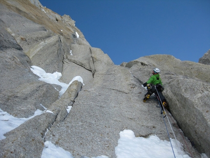 Mount Hunter - Jon Bracey during the first ascent of The Cartwright Connection, North Face of Mt. Hunter, Alaska.