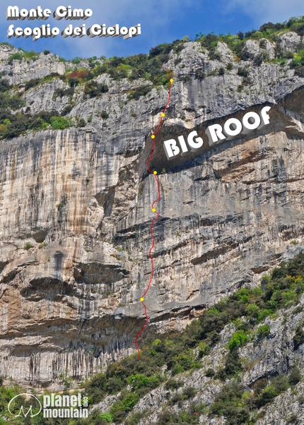 Monte Cimo, Scoglio dei Ciclopi, Val d’Adige, Rolando Larcher, Luca Giupponi - Il tracciato di 'Big Roof' allo Scoglio dei Ciclopi del Monte Cimo in Val d’Adige (Rolando Larcher, Luca Giupponi)