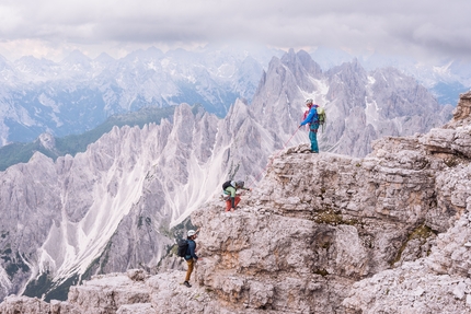 Cima Grande di Lavaredo, Heini Gütl, Tre Cime di Lavaredo - Heini Gütl with clients ascending Cima Grande di Lavaredo (2999m), Dolomites