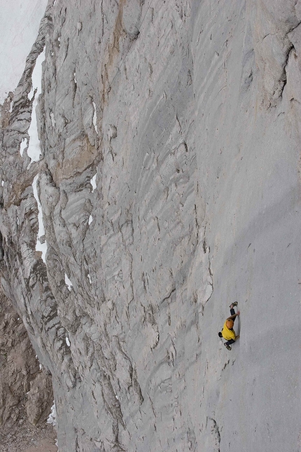 Hansjörg Auer - Hansjörg Auer soloing the Fish route, Marmolada, 2007. The photo was taken by Wilhelm a week after Auer's solo; he was lowered to the 19th pitch by his brother Matthias 