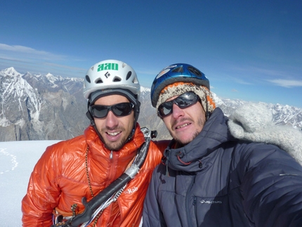 K7 West - Luka Stražar and Nejc Marčič on the summit of K7 West (6934m) Charakusa valley, (Karakoram, Himalaya).