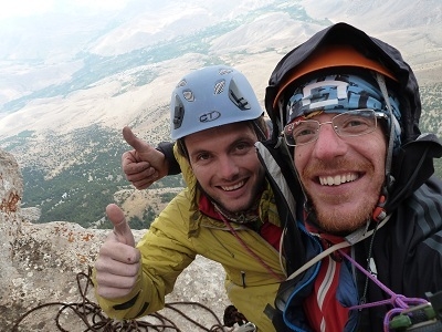 Ala Daglar - Davide Spini and Matteo Bernasconi on the summit after having established their route Cose Turche up Kizilin Baci, Ala Daglar, Turkey.