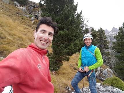 Via Mirko Monte Steviola - Via Mirko: Manuel Nocker and Armin Senoner on the summit of Monte Steviola, Vallunga (Puez-Odle) Dolomites after having made the first ascent of making the first ascent of Via Mirko