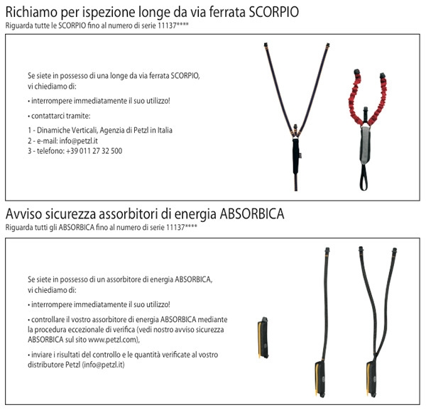 Petzl: richiamo per ispezione longe da via ferrata SCORPIO, avviso di sicurezza assorbitori di energia ABSORBICA