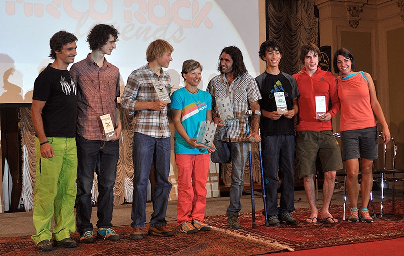 Arco Rock Legends 2014: Luca Dragoni (Salewa), Adam Ondra, Alexander Megos, Muriel Sarkany, Urko Carmona Barandiaran, Sachi Amma, Dmitrii Sharafutdinov, Giulia Delladio (La Sportiva)