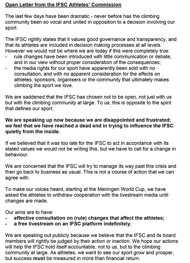 IFSC Athletes Commission open letter