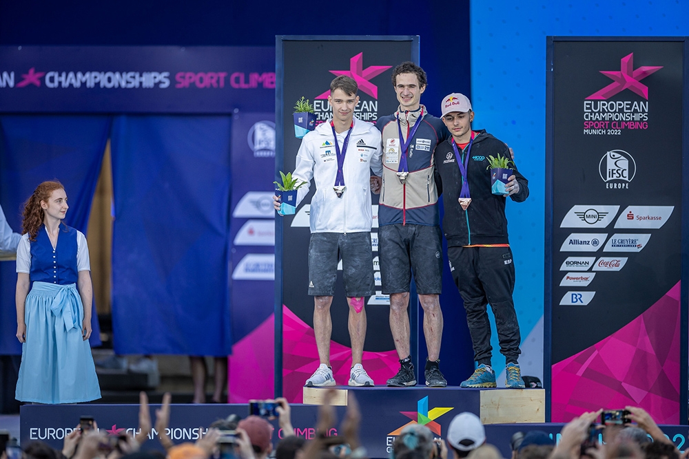 2. Luka Potočar 1. Adam Ondra 3. Alberto Ginés López, Campionati Europei di Arrampicata Lead Monaco 2022