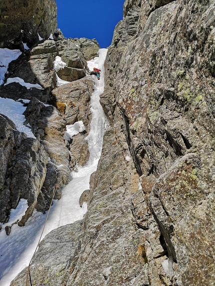 East Face - Piz Buin Piz Buin - East Face - Piz Buin: Tito Arosio climbing ice on the lower section of the new route on the East Face of Piz Buin, established on 31/03/2019 with Rosa Morotti