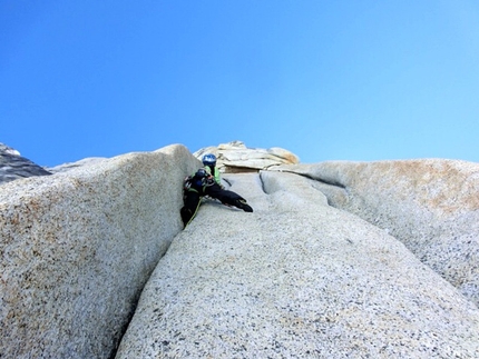 Aguja Guillaumet, Patagonia - Simon Gietl and Roger Schaeli during the first ascent of  Let's get wild (600m, 7a, 90°) on Aguja Guillaumet (2579m) in Patagonia