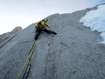 Aguja Guillaumet, Patagonia - Simon Gietl and Roger Schaeli during the first ascent of  Let's get wild (600m, 7a, 90°) on Aguja Guillaumet (2579m) in Patagonia