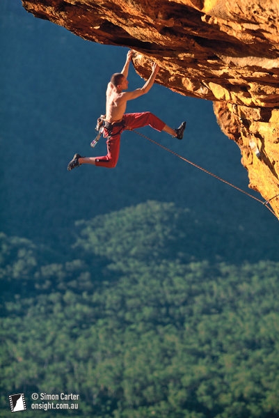 Diamond Falls, Blue Mountains, Australia - Steve McClure on Super Duper Goo at Diamond Falls. It’s one of several grade 29 (8a, 5.13b) routes that Steve onsighted during his 10 day visit to the Blue Mountains in March 2004.