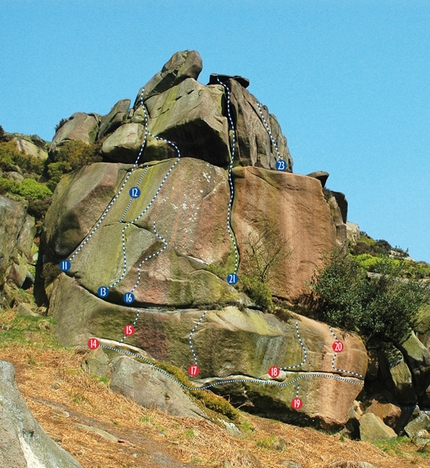 The Roaches, England - Guy Maddox testing his Wings of Unreason E4 6a, The Roaches, Peak District, UK.