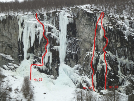 Norway 2012 - Power House 17. Rage against the Maschine (M7+ 70m). 22. C3 (M8+ 70m). 23. Perly on Ice (WI 6/M9 70m)