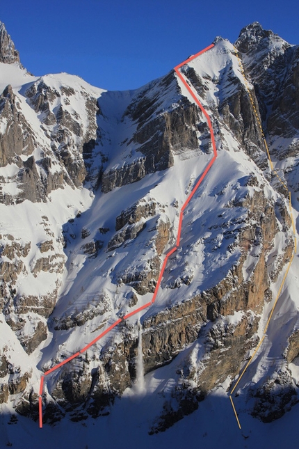 Sébastien de Sainte Marie - Pointe d'Aufalle. La linea arrancia mostra il couloir NO del 2010, la linea rossa la spalla sciata il 22.2.2012