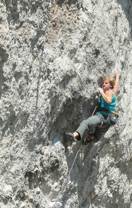 Angelika Rainer climbs hard at Pian Schiavaneis, Dolomites