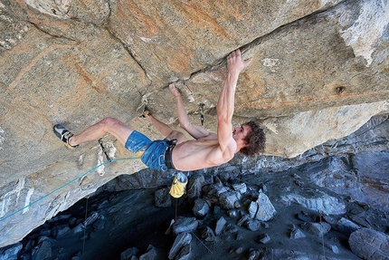 Adam Ondra climbing the second crux of Project Hard at Flatanger in Norway