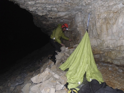 Tre Cime di Lavaredo - Roger Schäli and Simon Gietl and the bivy on the ledge below the summit of Cima Grande, Tre Cime di Lavaredo, Dolomites.