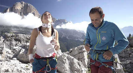 Dolomites Mountain Stories with Nicola Tondini: the paraclimber Nicolle Boroni climbing at Cinque Torri