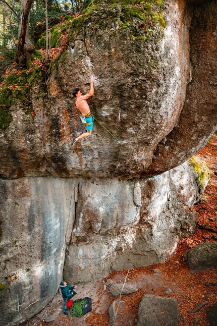 Marco Zanone climbing Action Directe in Frankenjura