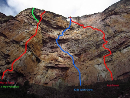 Amuri Tepui - Left: Maria Rosa (7b, 500m). Middle: Kids with Guns (5.13a, A3, E6 6c). Right: Apichavai (8a+, 500m), Amuri Tepui, Venezuela.