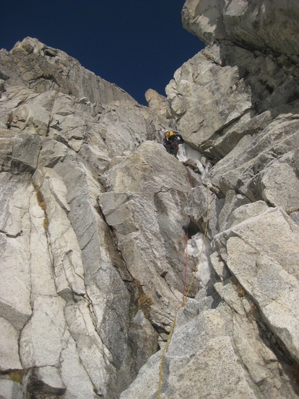 Presanella - Patrick Ghezzi on pitch 1 of Depravation, Presanella East face.