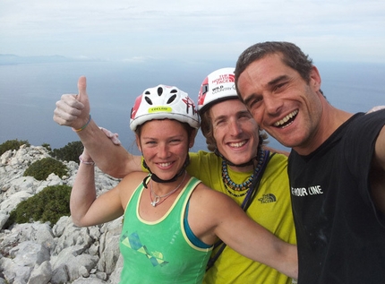 Aria - Caroline Ciavaldini, James Pearson and Pietro dal Prà celebrating on the top of Aria (8a+, 350m) Punta Plumare, Sardinia.