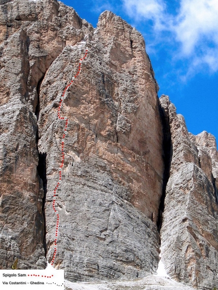 Spigolo Sam - La via Spigolo Sam (6c, 500m) sul Pilastro della Tofana di Rozes in Dolomiti aperta nel 2011 da Massimo Da Pozzo, Natasha Da Pozzo e Samuele Majoni.