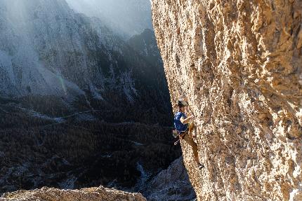 Louis Gundolf, Lama project, Laserz, Lienz Dolomites - Louis Gundolf making the first free ascent of 'Lama project' on the south face of Laserz, Lienz Dolomites