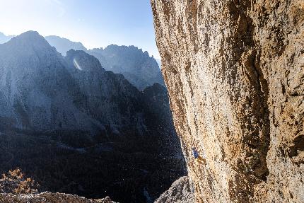 Louis Gundolf, Lama project, Laserz, Lienz Dolomites - Louis Gundolf making the first free ascent of 'Lama project' on the south face of Laserz, Lienz Dolomites