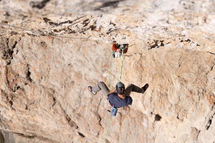 Louis Gundolf, Lama project, Laserz, Lienz Dolomites - Louis Gundolf making the first free ascent of 'Lama project' on the south face of Laserz, Lienz Dolomites