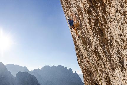 Louis Gundolf, Lama project, Laserz, Lienz Dolomites - Louis Gundolf making the first free ascent of 'Lama project' on the south face of Laserz, Lienz Dolomites