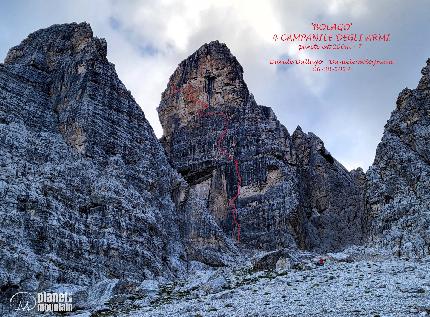 Via Bolago aperta al Quarto Campanile degli Armi nelle Dolomiti di Brenta