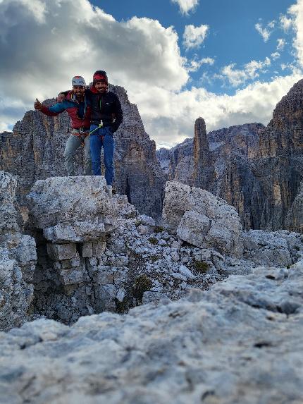 Via Bolago, Quarto Campanile degli Armi, Brenta Dolomites, Daniele Bolognani, Davide Dallago - Daniele Bolognani and Davide Dallago on the summit of Quarto Campanile degli Armi (Brenta Dolomites) after the first ascent of Via Bolago on 06/08/2023