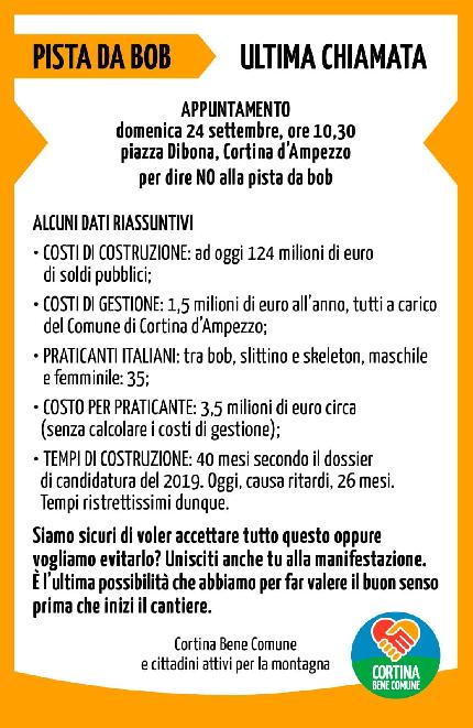 Pista di bob, Cortina - Domenica 24 settembre alle ore 10:30 in piazza Dibona a Cortina d'Ampezzo una manifestazione contro la pista da bob progettata per le Olimpiadi invernali 2026.