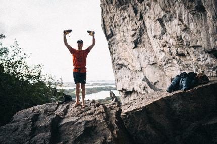 Jakob Schubert, Project Big, Flatanger - Jakob Schubert celebrating immediately after the first ascent of Project Big at Flatanger in Norway on 20/09/2023