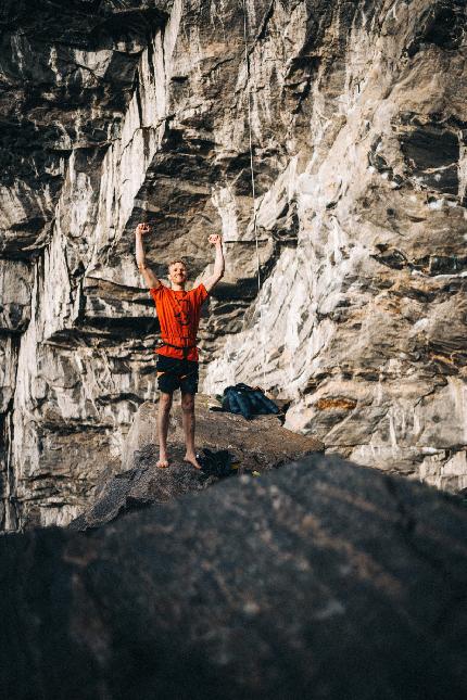 Jakob Schubert, Project Big, Flatanger - Jakob Schubert celebrating immediately after the first ascent of Project Big at Flatanger in Norway on 20/09/2023