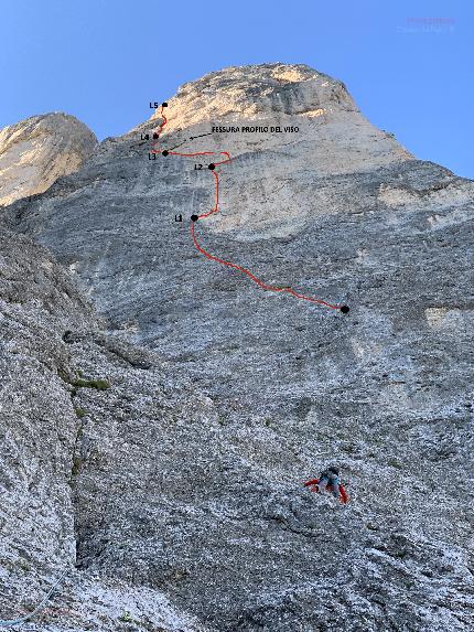 Torre della Vallaccia, Sasso delle Undici, Dolomiti, Luca Caldini, Luca Cornella - Il tracciato della via 'Caldini - Cornella' alla Torre della Vallaccia, Dolomiti (Luca Caldini, Luca Cornella 20/08/2023)