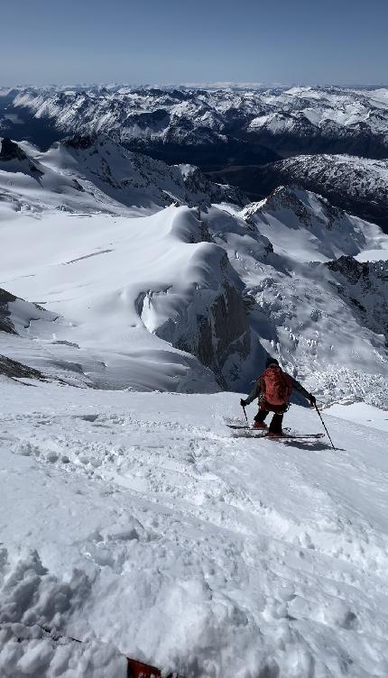 Aguja Poincenot, Patagonia, Whillans-Cochrane, Vivian Bruchez, Aurélien Lardy, Jules Socié - Aurélien Lardy skiiing the Whillans ramp on Aguja Poincenot in Patagonia with Vivian Bruchez and Jules Socié on 21/09/2023. 'It was the first time I've ever filmed with my eyes closed' stated Bruchez