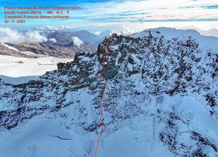 Breithorn Centrale, François Cazzanelli, Leonardo Gheza - La linea di 'Estate Indiana' sul Breithorn Centrale, aperta da François Cazzanelli e Leonardo Gheza il 30/09/2023