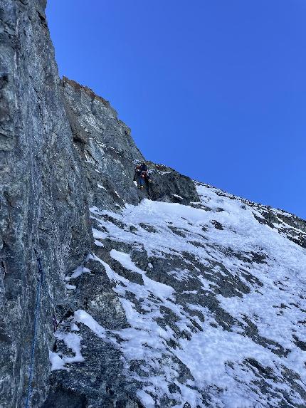 Breithorn Centrale, François Cazzanelli, Leonardo Gheza - François Cazzanelli and Leonardo Gheza making the first ascent of 'Estate Indiana' on Breithorn Centrale