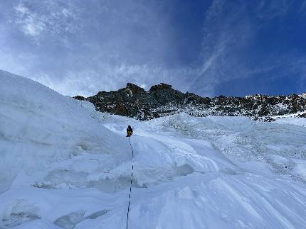 Breithorn Centrale, François Cazzanelli, Leonardo Gheza - François Cazzanelli and Leonardo Gheza making the first ascent of 'Estate Indiana' on Breithorn Centrale