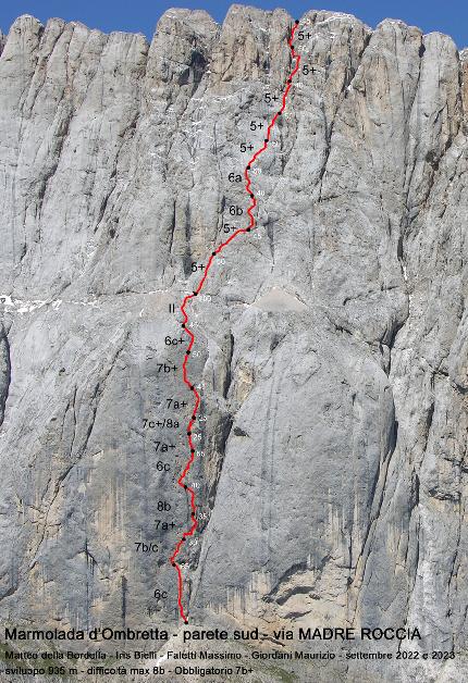 Madre Roccia, Marmolada, Iris Bielli, Matteo Della Bordella, Massimo Faletti, Maurizio Giordani - The topo of 'Madre Roccia' on the south face of Marmolada, Dolomites (Iris Bielli, Matteo Della Bordella, Massimo Faletti, Maurizio Giordani 2022-2023)