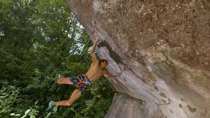 Alex Megos - Bullet Time Photography: Alex Megos climbing Action Directe in the Frankenjura, Germany, captured by Lars Scharl.