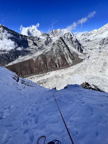 Chobutse, Nepal, Wadim Jabłoński, Maciej Kimel - Wadim Jabłoński and Maciej Kimel making the first ascent of 'Just Breathe' (M5 VI4 R/X 1600m) on Chobutse, Nepal (14-18/10/2023)