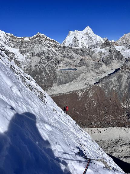 Chobutse, Nepal, Wadim Jabłoński, Maciej Kimel - Wadim Jabłoński and Maciej Kimel making the first ascent of 'Just Breathe' (M5 VI4 R/X 1600m) on Chobutse, Nepal (14-18/10/2023)