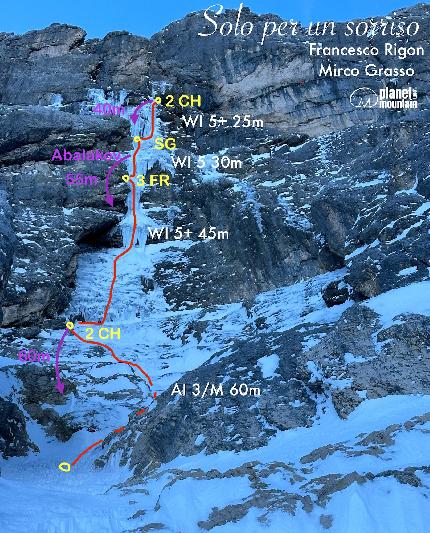 Croda di Cacciagrande, Sorapiss, Dolomites, Mirco Grasso, Francesco Rigon - The first ascent of 'Solo per un sorriso' on Croda di Cacciagrande (Sorapiss, Dolomites) by Mirco Grasso and Francesco Rigon (19/12/2023)