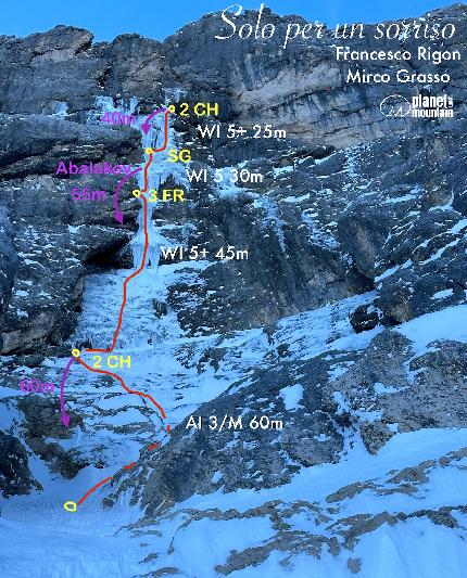 Croda di Cacciagrande, Sorapiss, Dolomiti, Mirco Grasso, Francesco Rigon - L'apertura di 'Solo per un sorriso' alla Croda di Cacciagrande (Sorapiss, Dolomiti) di Mirco Grasso e Francesco Rigon (19/12/2023)