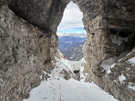 Archi del Vento, Monte Duranno, Friuli Dolomites, Mirco Grasso, Francesco Rigon, Luca Vallata - The first ascent of 'Archi del Vento' on Naso del Monte Duranno in the Friuli Dolomites (Mirco Grasso, Francesco Rigon, Luca Vallata 24/12/2024)