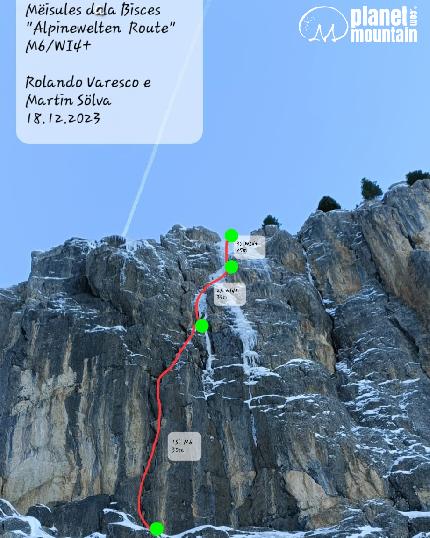 Mëisules dala Biesces, Sella, Dolomiti, Rolando Varesco, Martin Sölva - La relazione di 'Alpinewelten' alle Mëisules dala Biesces, Sella, Dolomiti (Martin Sölva, Rolando Varesco 18/12/2023)