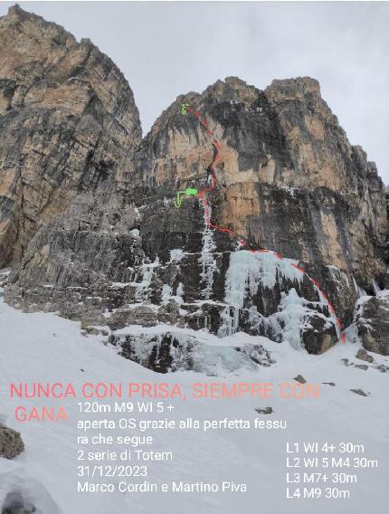 Castello di Vallesinella,Brenta Dolomites, Marco Cordin, Martino Piva - The topo of 'Nunca con prisa, siempre con gana' on Castello di Vallesinella in the Brenta Dolomites (Marco Cordin, Martino Piva 31/12/2023)